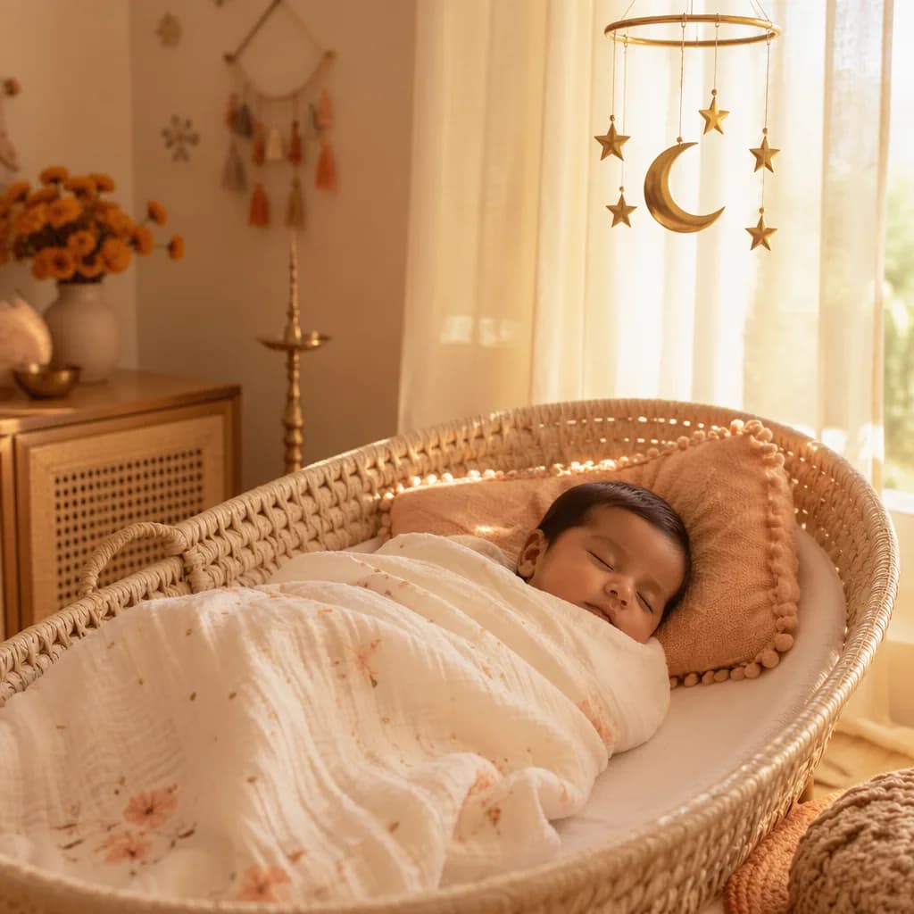 Sleeping baby in a warm pastel nursery with gentle sunlight and Indian-inspired decor.
