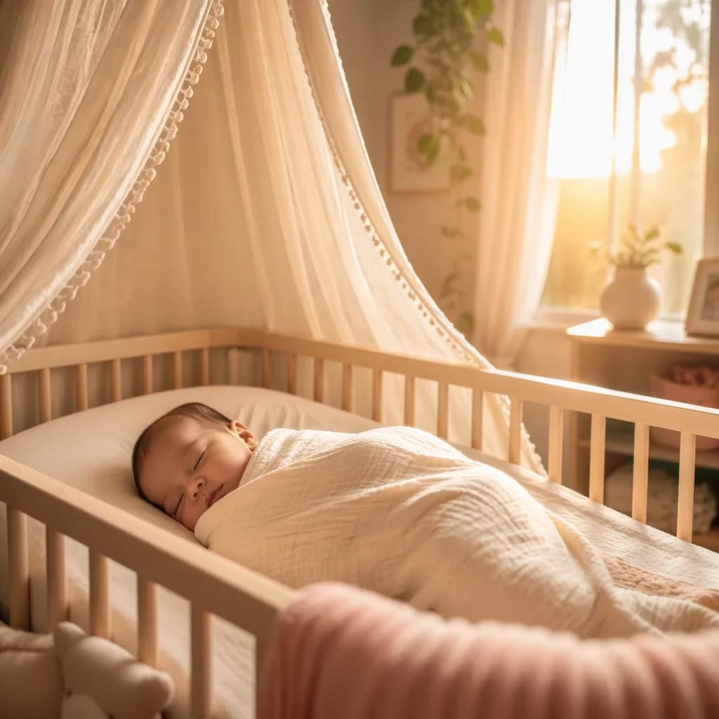 Sleeping baby in a softly lit pastel nursery with a protective canopy and warm golden light.