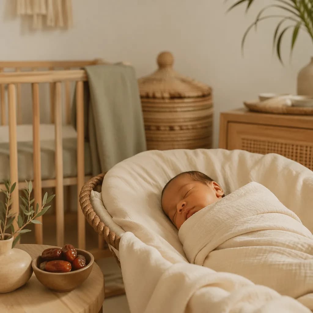 A peaceful swaddled baby in a warm pastel nursery with woven natural accents.