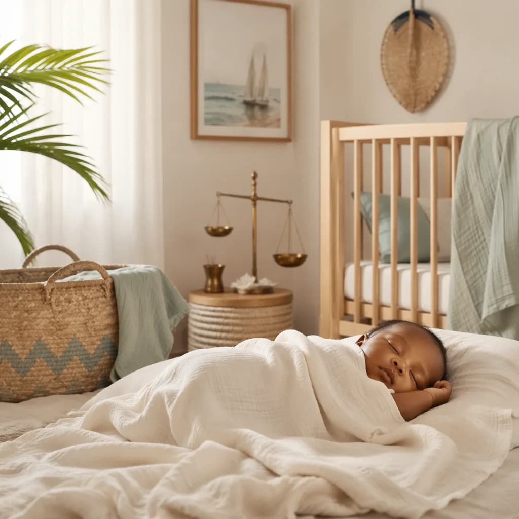 Peaceful Swahili-inspired nursery with a sleeping baby in soft natural light.