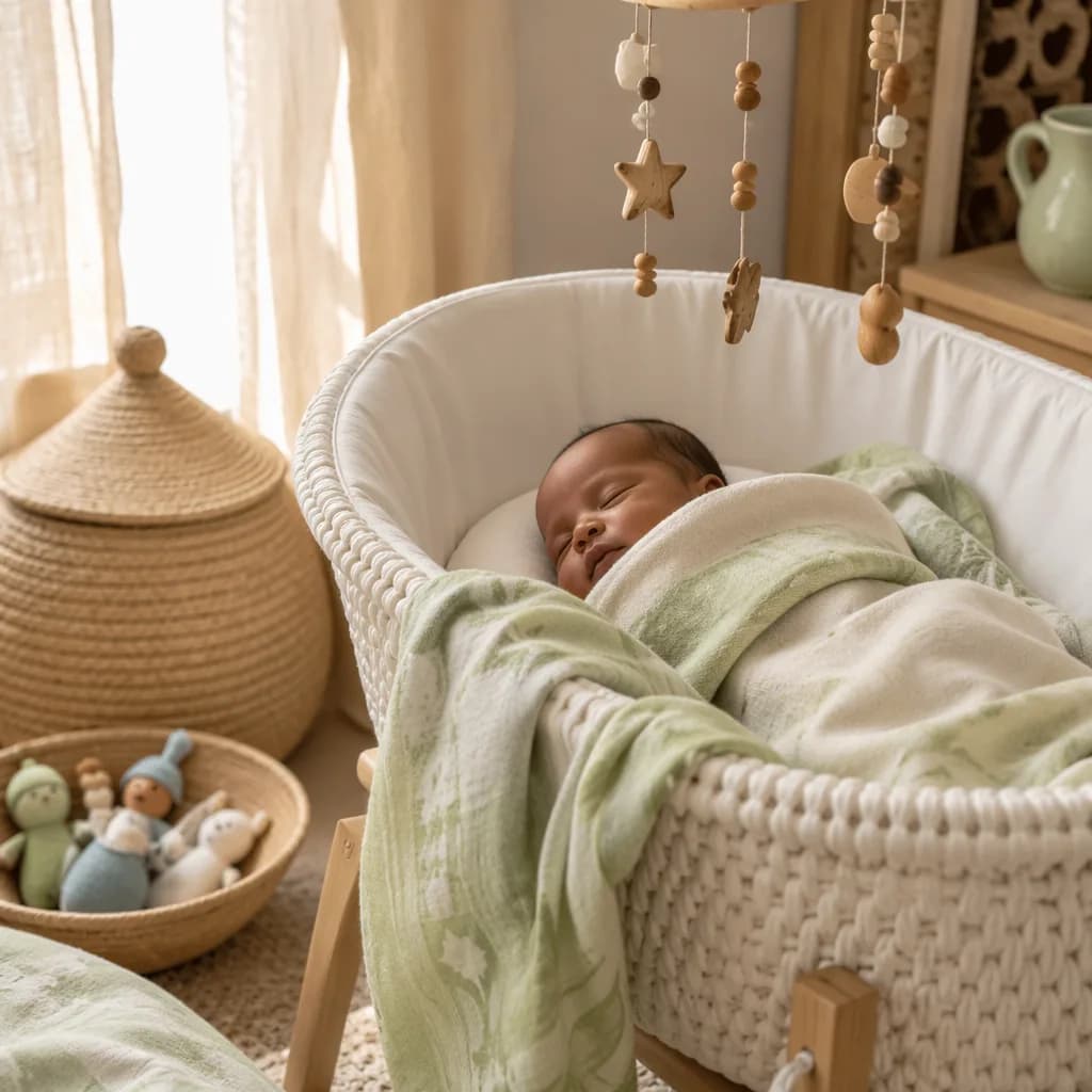 Sleeping baby in a cozy pastel nursery with Swahili coastal-inspired decor.