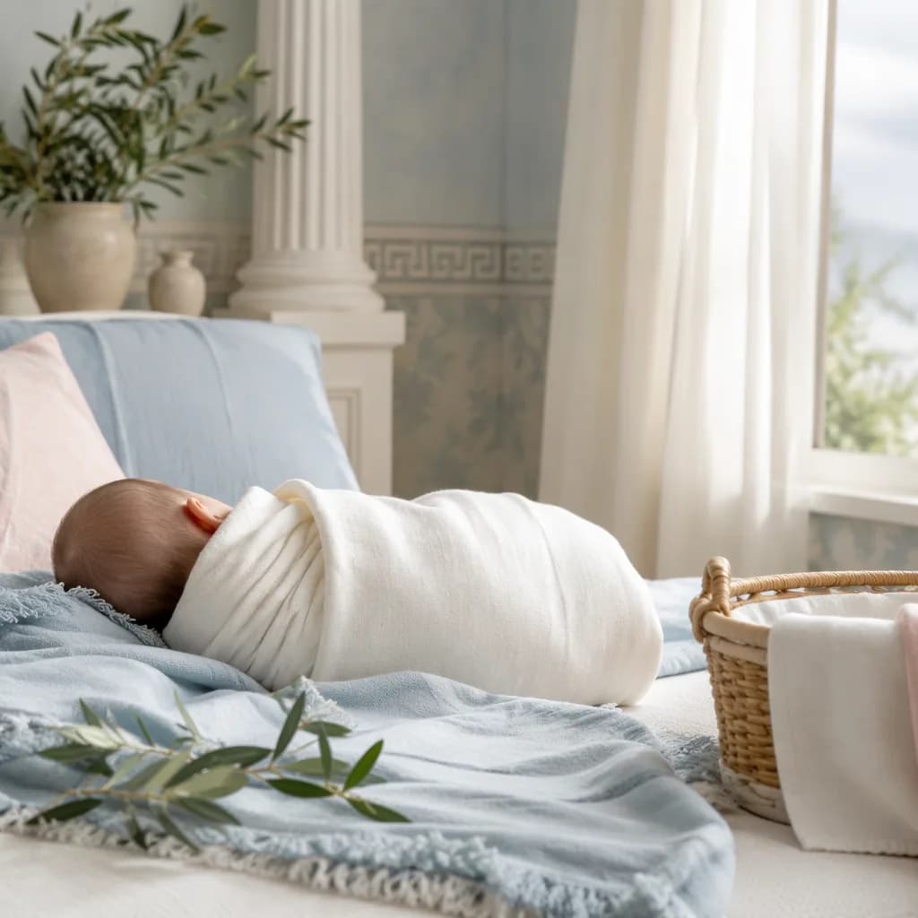 Sleeping swaddled baby in a soft Greek-inspired nursery with olive branches and pastel light.