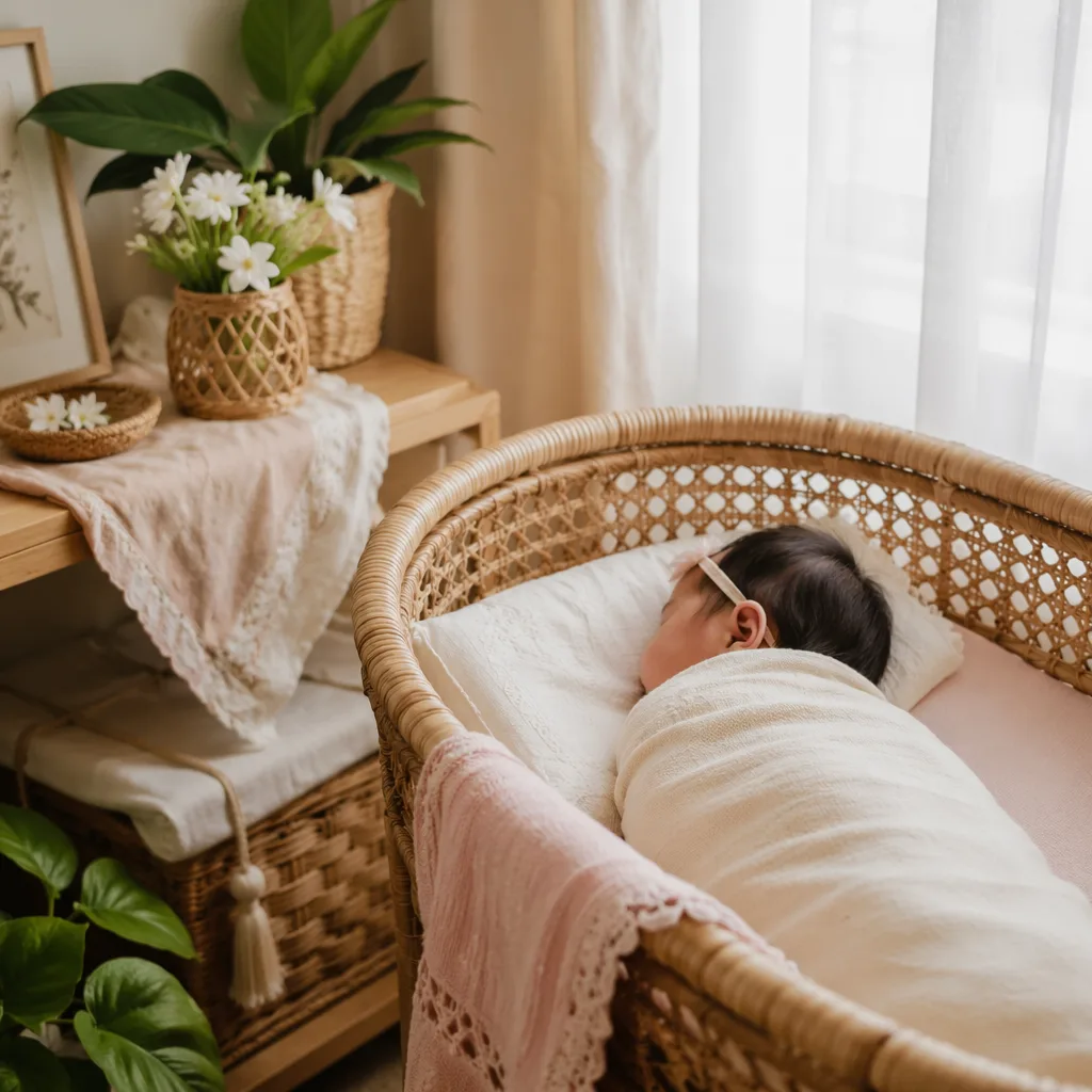 A peaceful Filipino baby sleeping in a warm pastel nursery with rattan and sampaguita details.