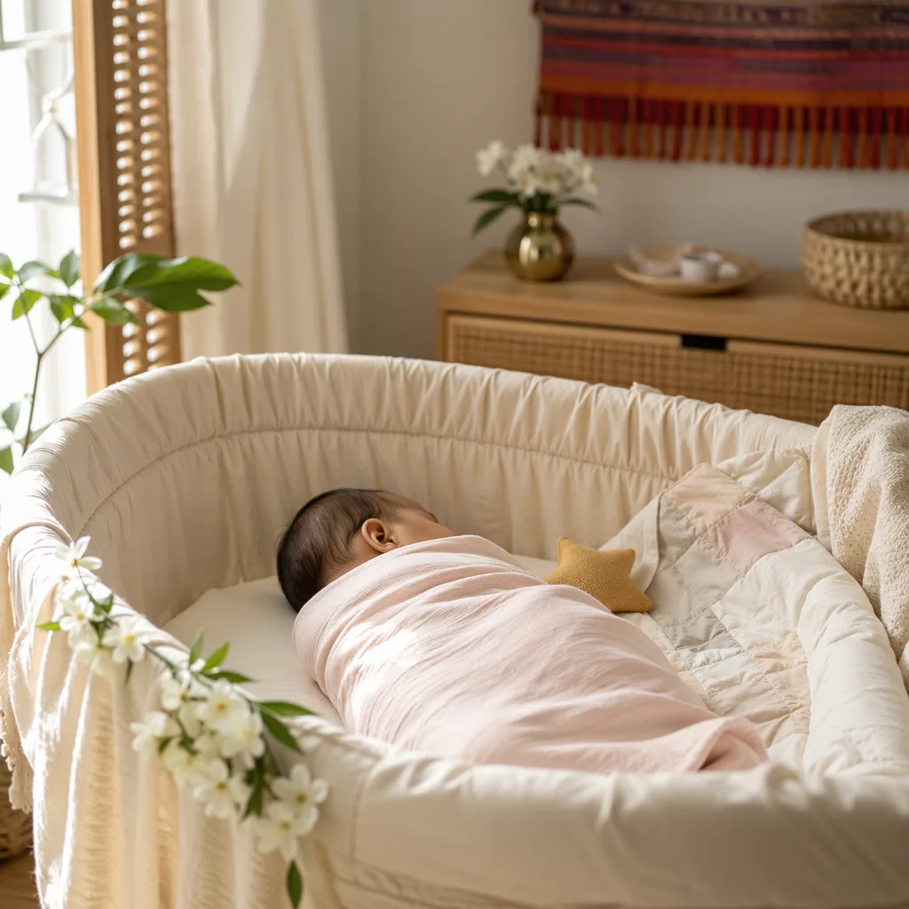 A Filipino baby sleeping in a pastel nursery with sampaguita flowers and soft woven accents.