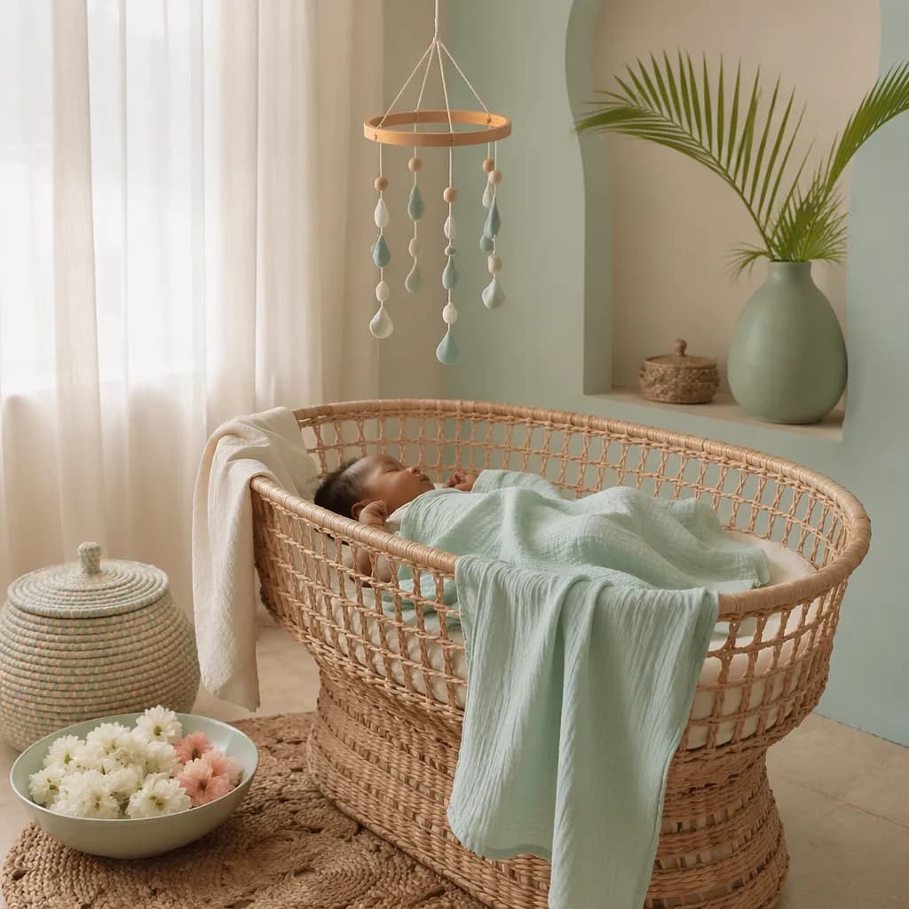 Soft pastel nursery scene with a peaceful baby, woven bassinet, and gentle water-inspired decor.