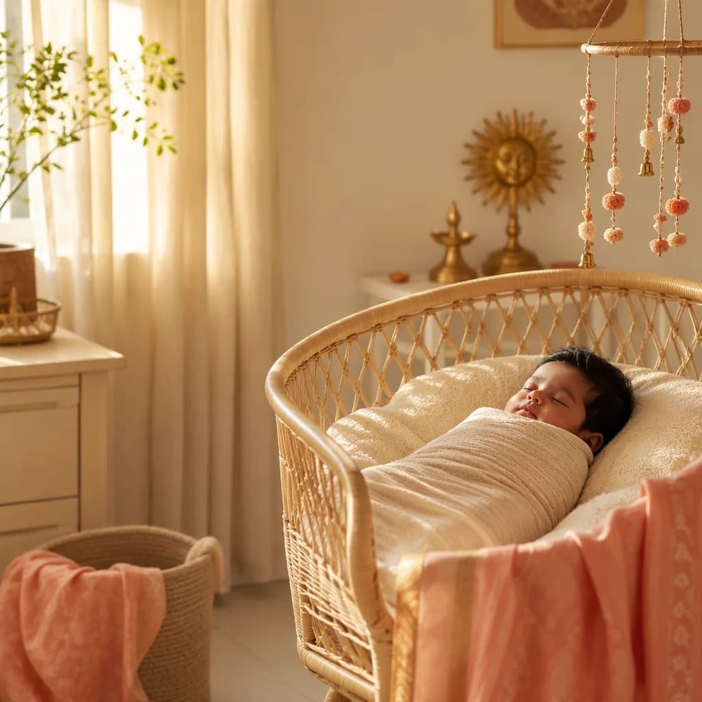 A peacefully sleeping Tamil baby in a soft sunlit pastel nursery.