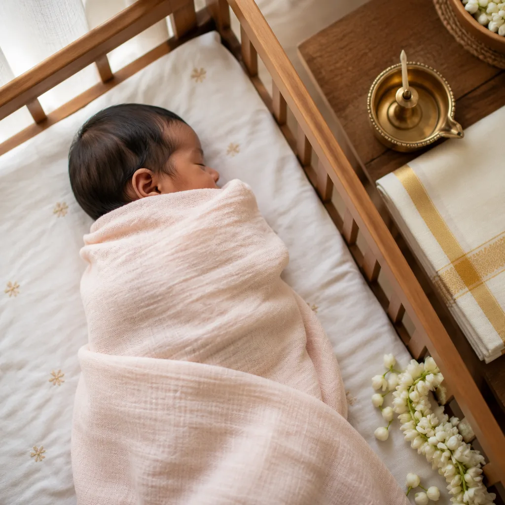 A peaceful Tamil-inspired nursery scene with a sleeping baby, jasmine flowers, and soft natural light.