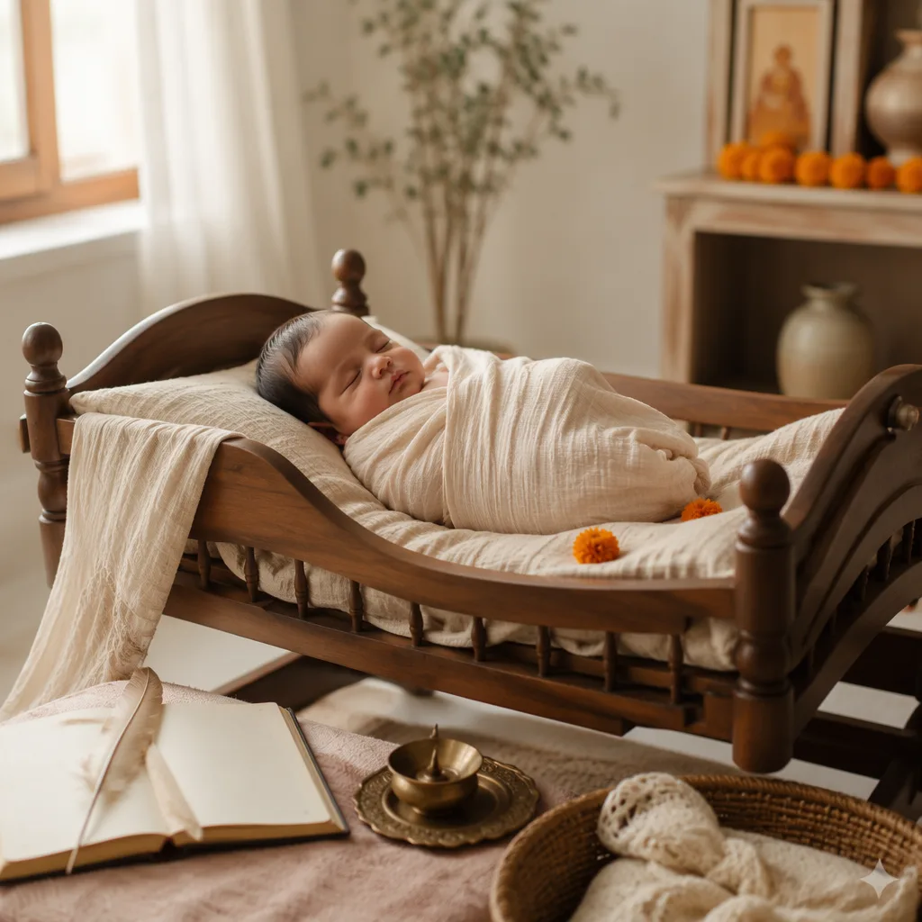 Peaceful newborn in a soft pastel nursery with subtle Indian-inspired details.