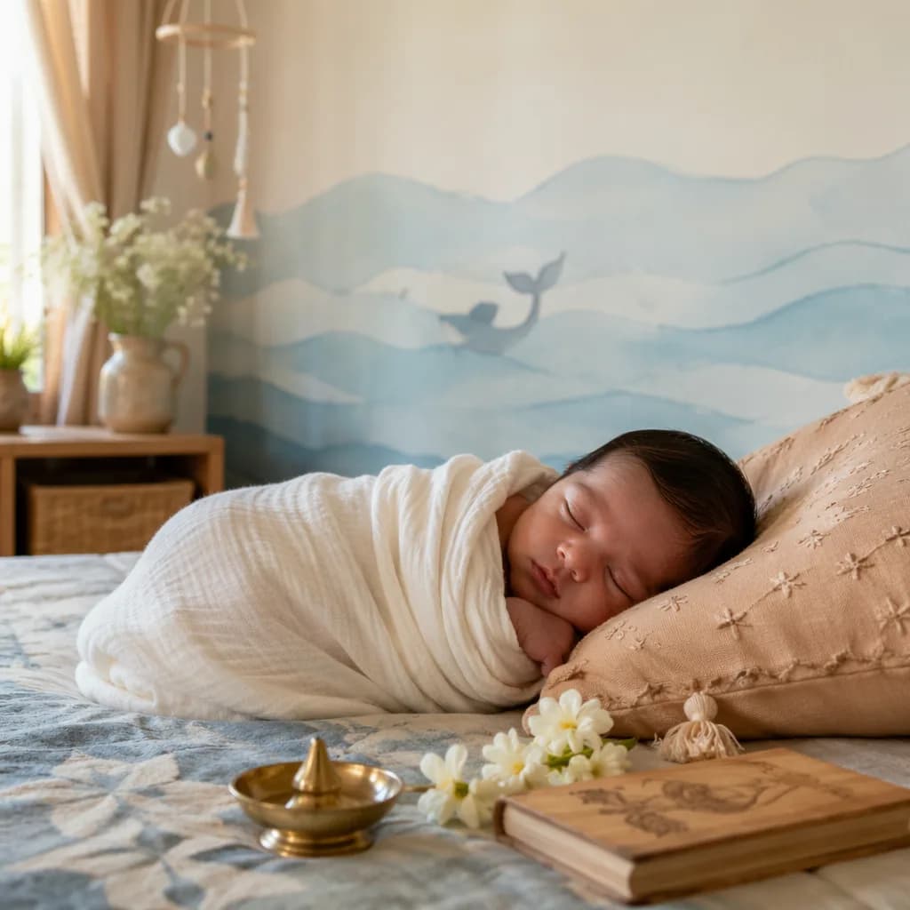 Sleeping baby in a soft pastel nursery with jasmine, a poetry book, and serene ocean-inspired decor.