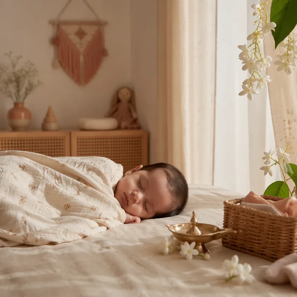 A peaceful baby in a soft pastel nursery with gentle Indian-inspired details.