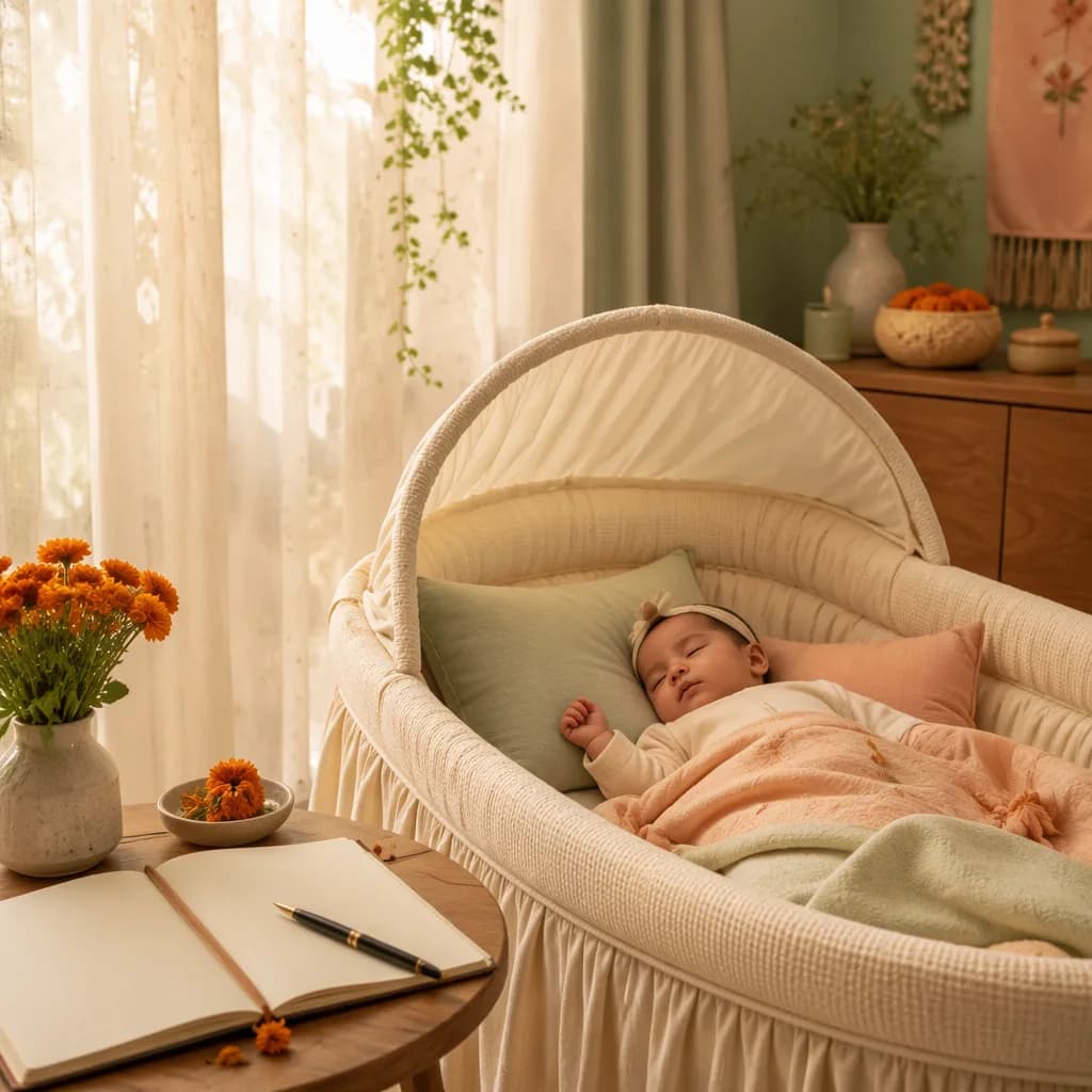 Peaceful baby nursery with a sleeping baby, soft pastel bedding, and a blank journal in gentle morning light.