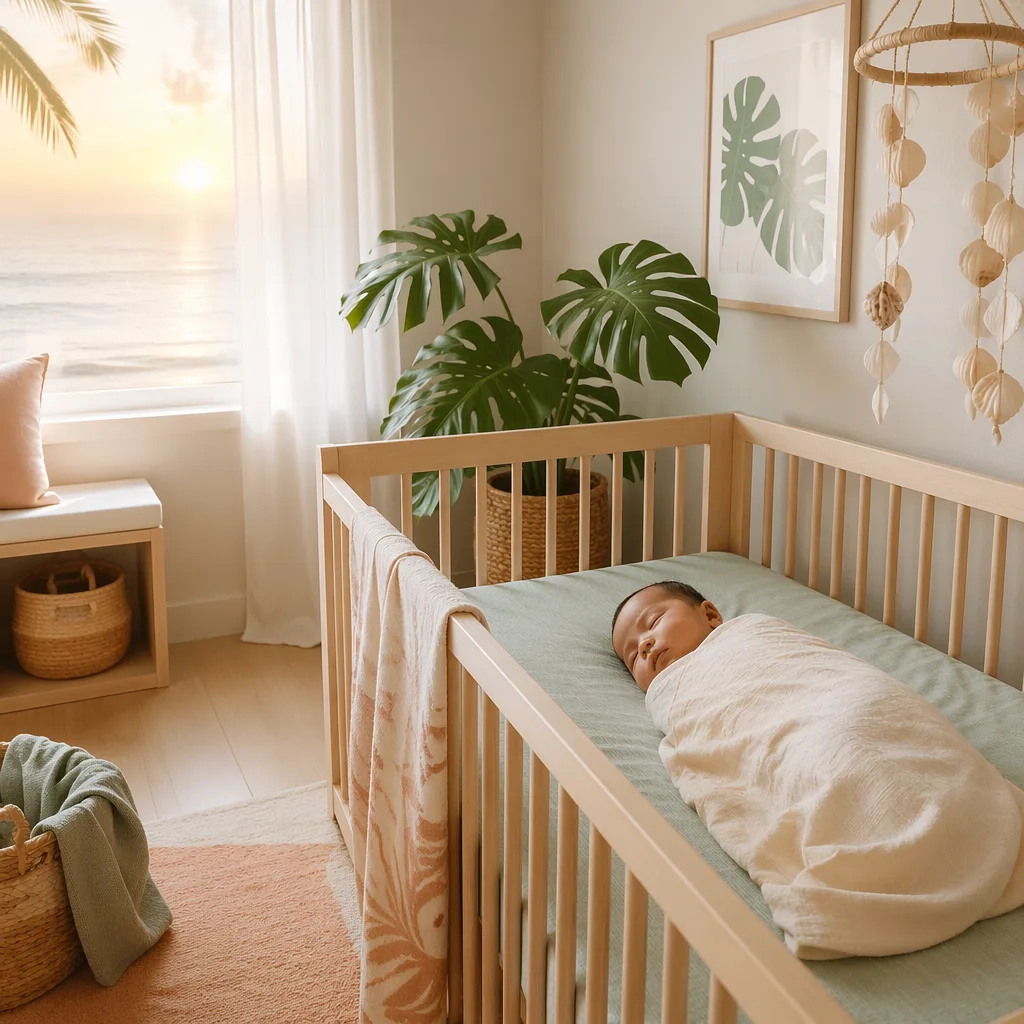 A softly lit nursery with a sleeping swaddled baby and warm sunrise glow.