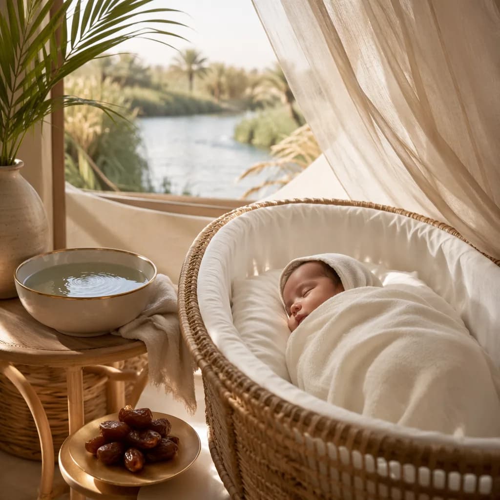 Sleeping baby in a soft pastel nursery with serene water and palm accents.