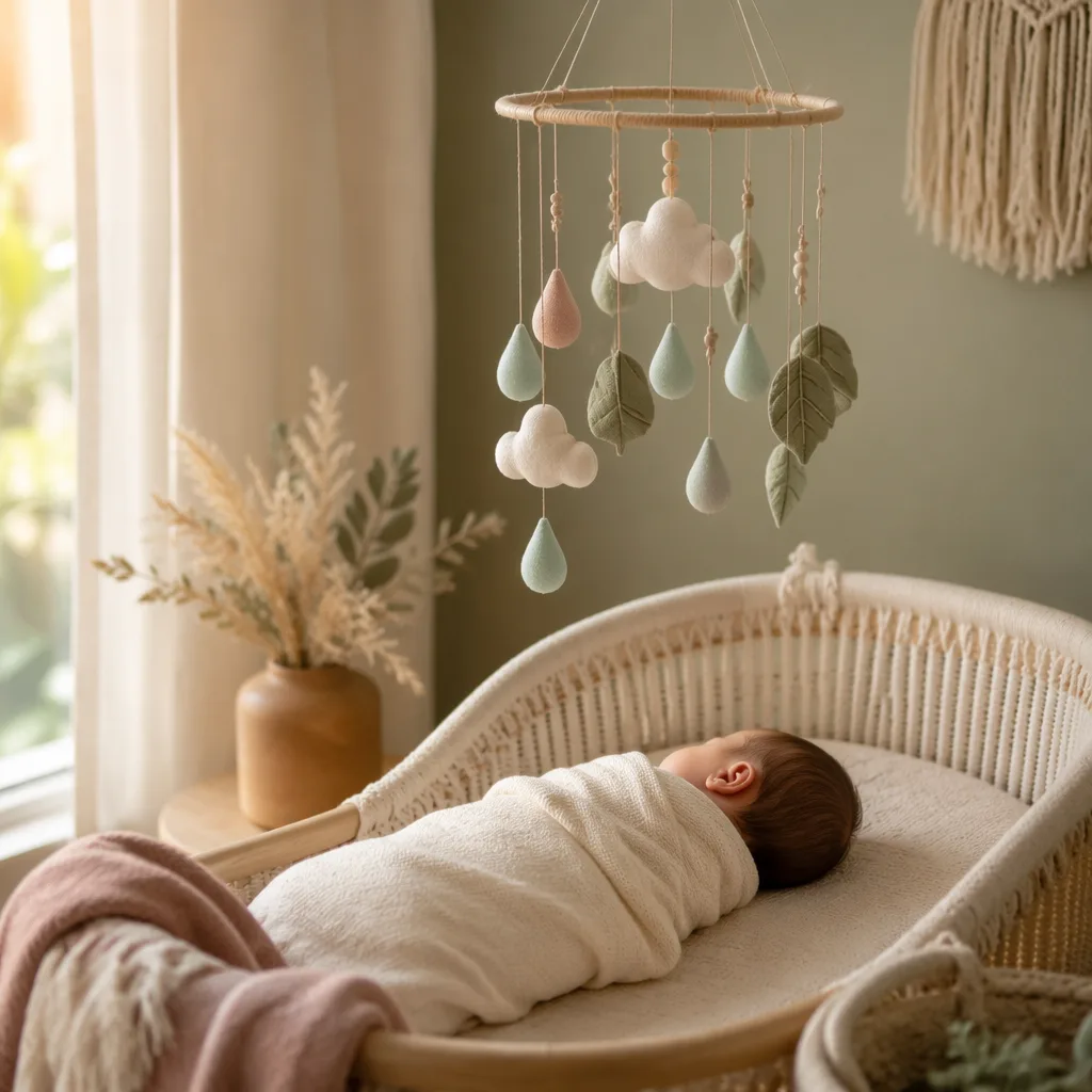 Sleeping swaddled baby in a soft pastel nursery with nature and water-inspired decor.