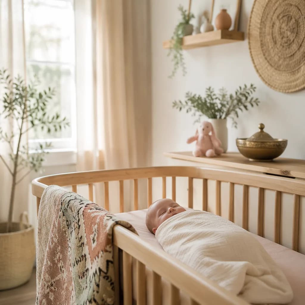 A peaceful pastel nursery with a swaddled baby and warm bronze accents.