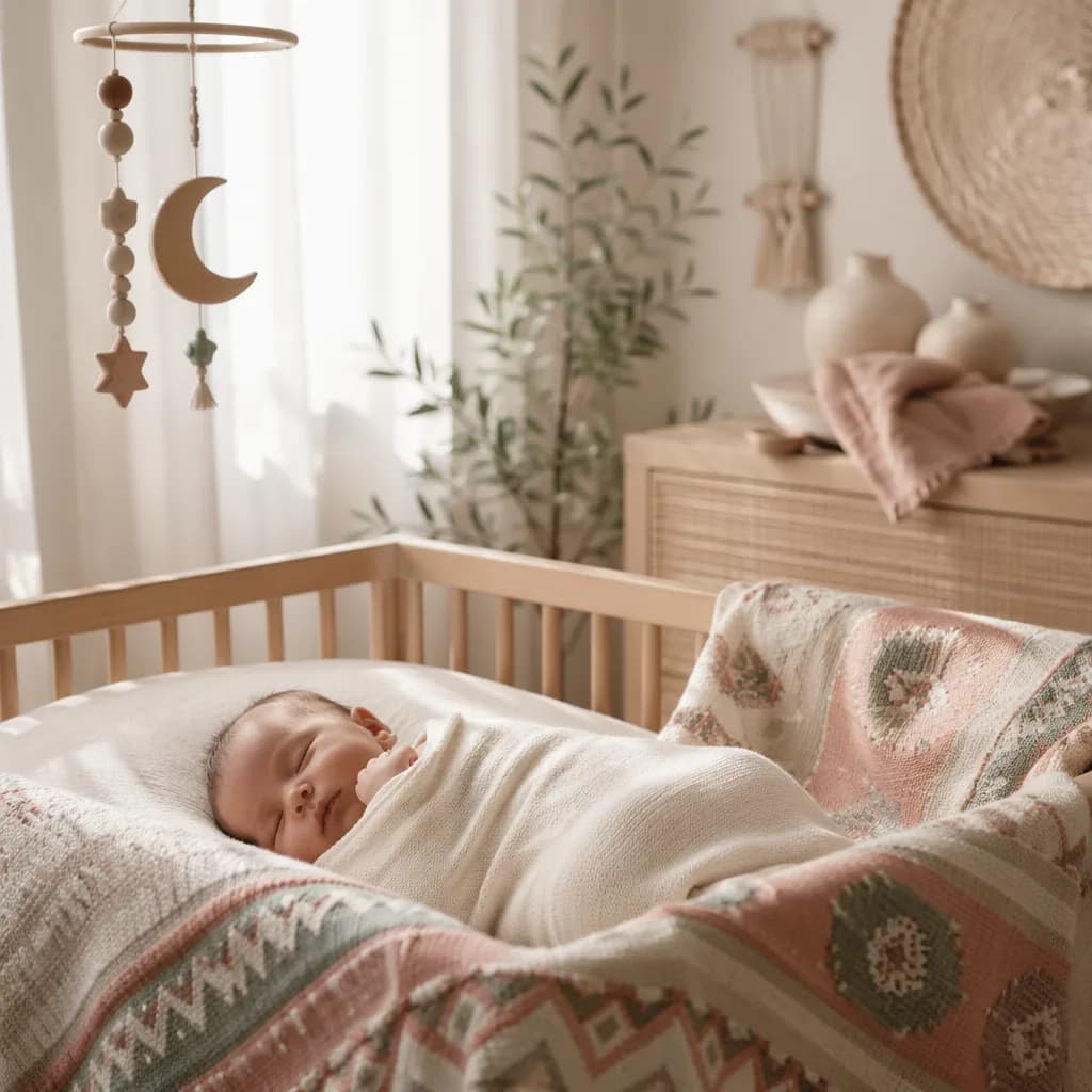 Peaceful pastel nursery with a swaddled baby and Turkish-inspired details.