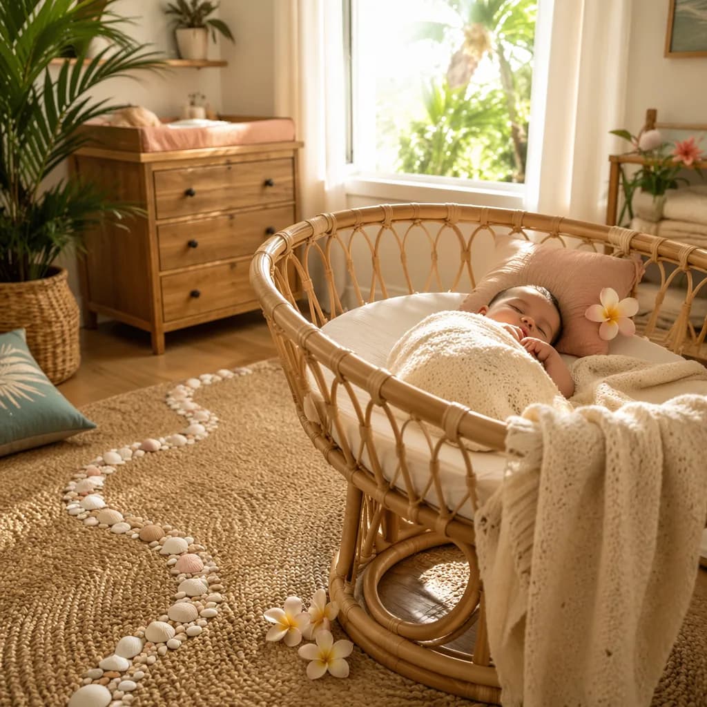 Sleeping baby in a soft Hawaiian-inspired nursery with plumeria and a subtle path motif.