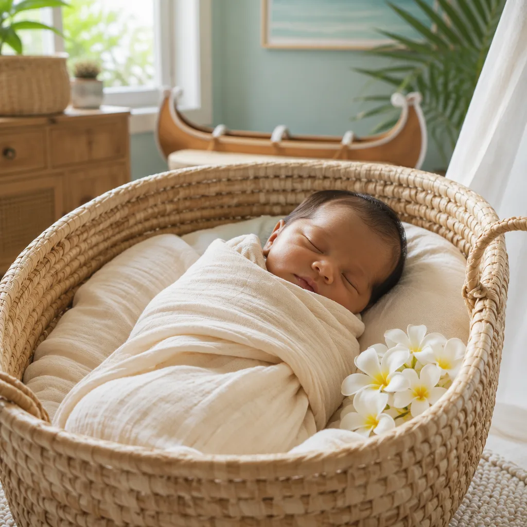 Sleeping newborn in a soft Hawaiian-inspired nursery with pastel island decor.