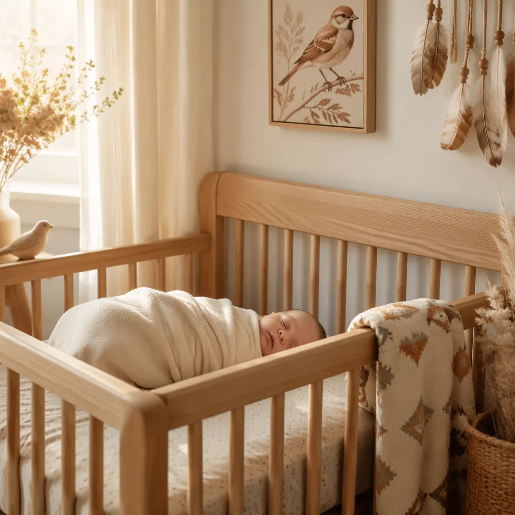 A softly lit nursery with a sleeping swaddled baby and gentle sparrow-themed decor.