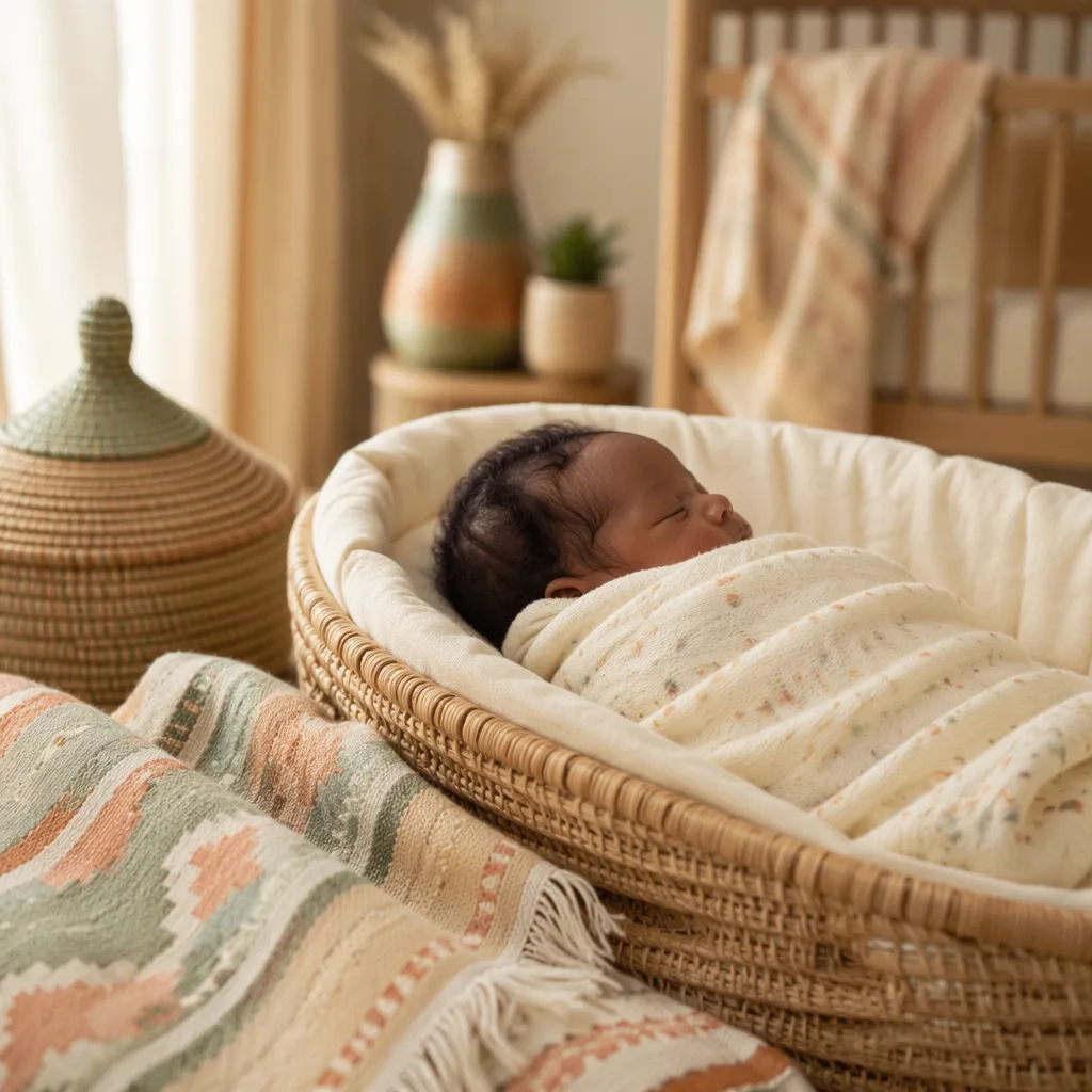 A peacefully sleeping Nigerian newborn in a soft pastel nursery with woven accents.