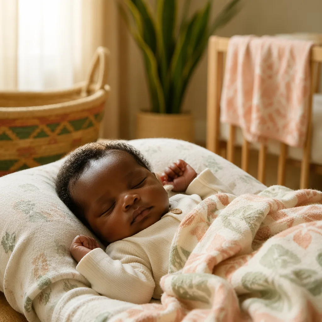 Nigerian baby peacefully resting in a warm pastel nursery with soft natural light.