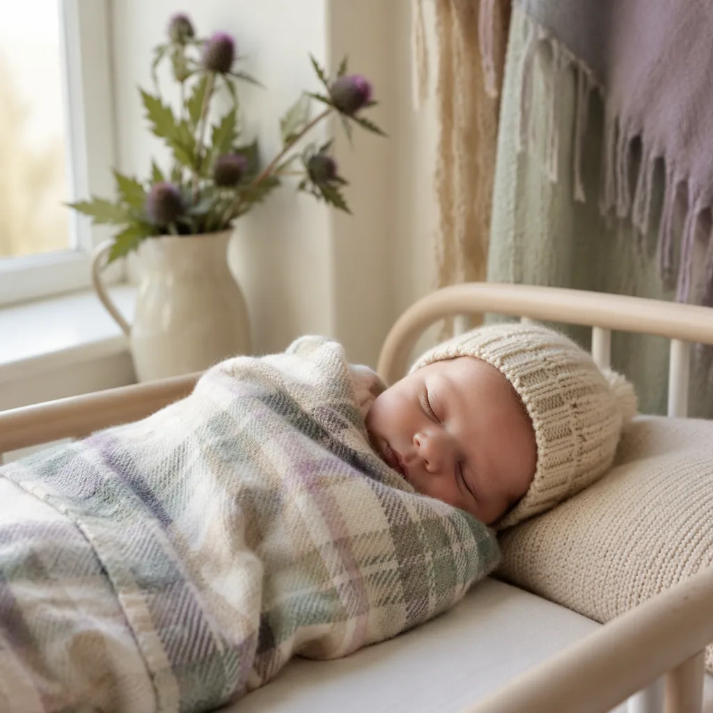 Sleeping newborn wrapped in soft tartan in a cozy Scottish-inspired nursery.