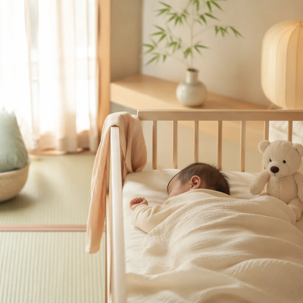 A softly lit Japanese-inspired nursery with a sleeping baby wrapped in a cream blanket.