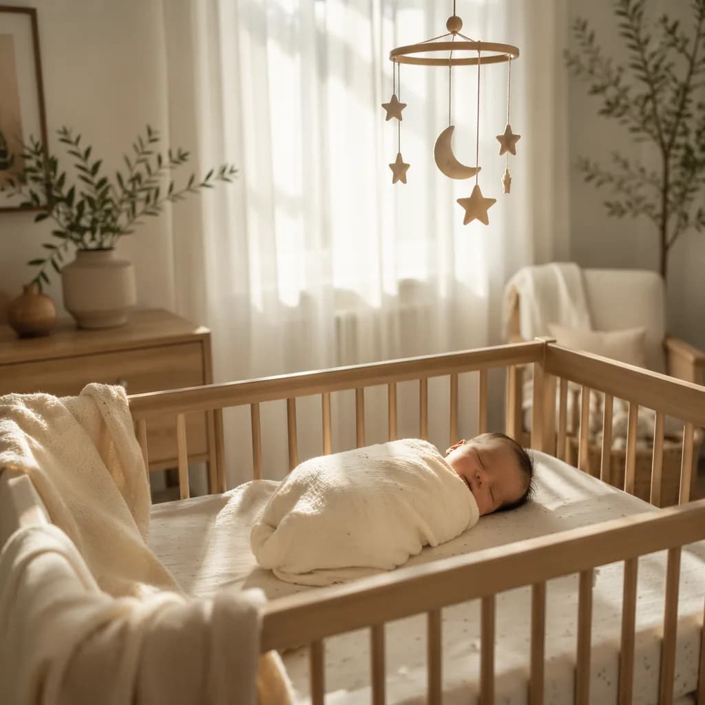 A peaceful swaddled baby in a softly lit nursery with warm sunbeams.