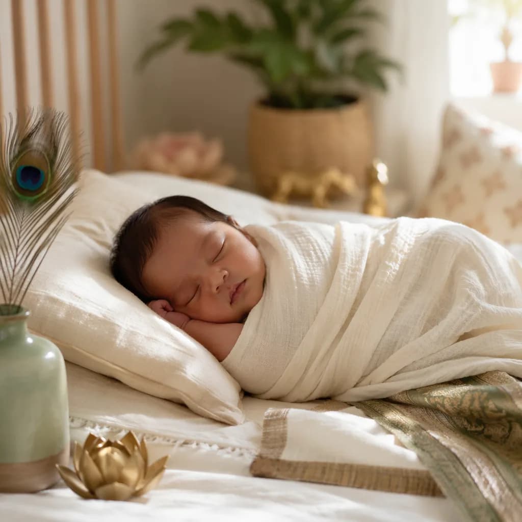 Sleeping newborn in a soft pastel nursery with lotus and peacock feather accents.