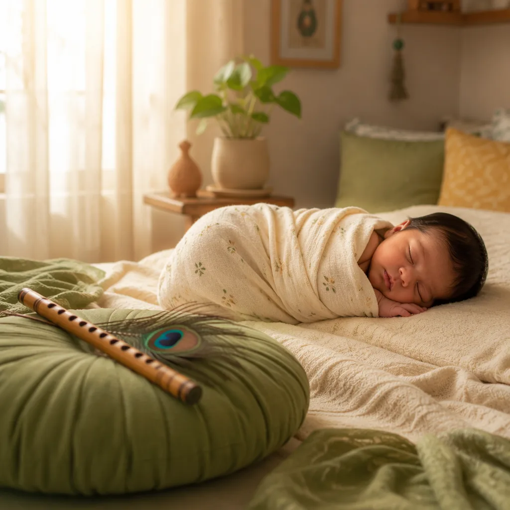 A serene pastel nursery with a swaddled baby, wooden flute, peacock feather, and soft natural light.
