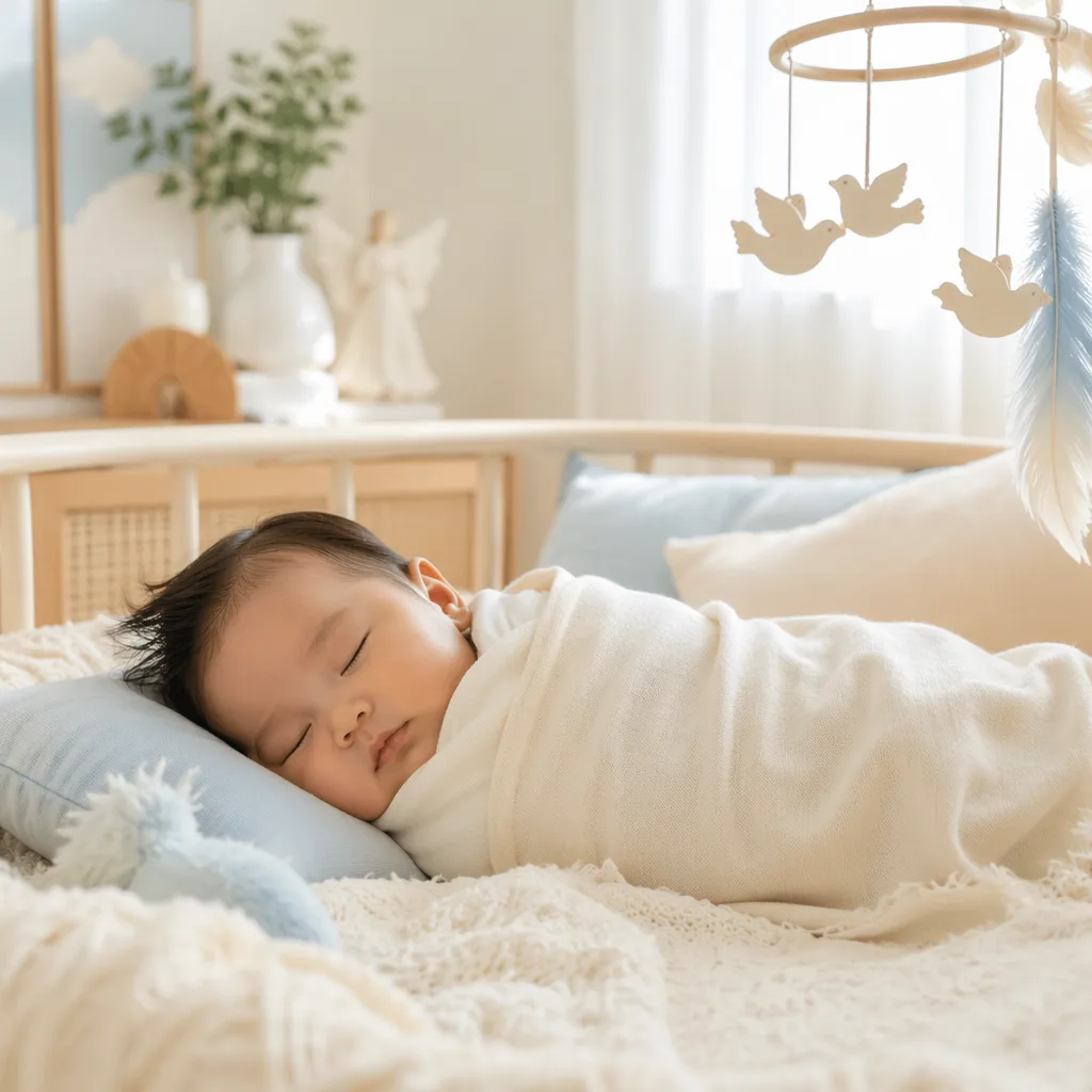 Filipino baby sleeping in a soft pastel nursery with gentle angel-inspired decor.