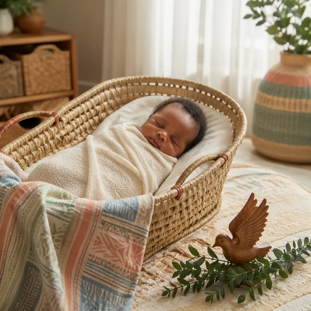 Sleeping baby in a soft Nigerian-inspired nursery with warm light and pastel accents.