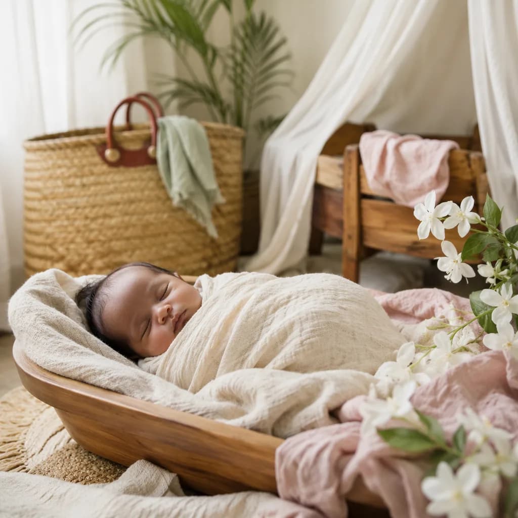 Sleeping swaddled baby in a soft Swahili-inspired nursery with woven basket and pastel decor.