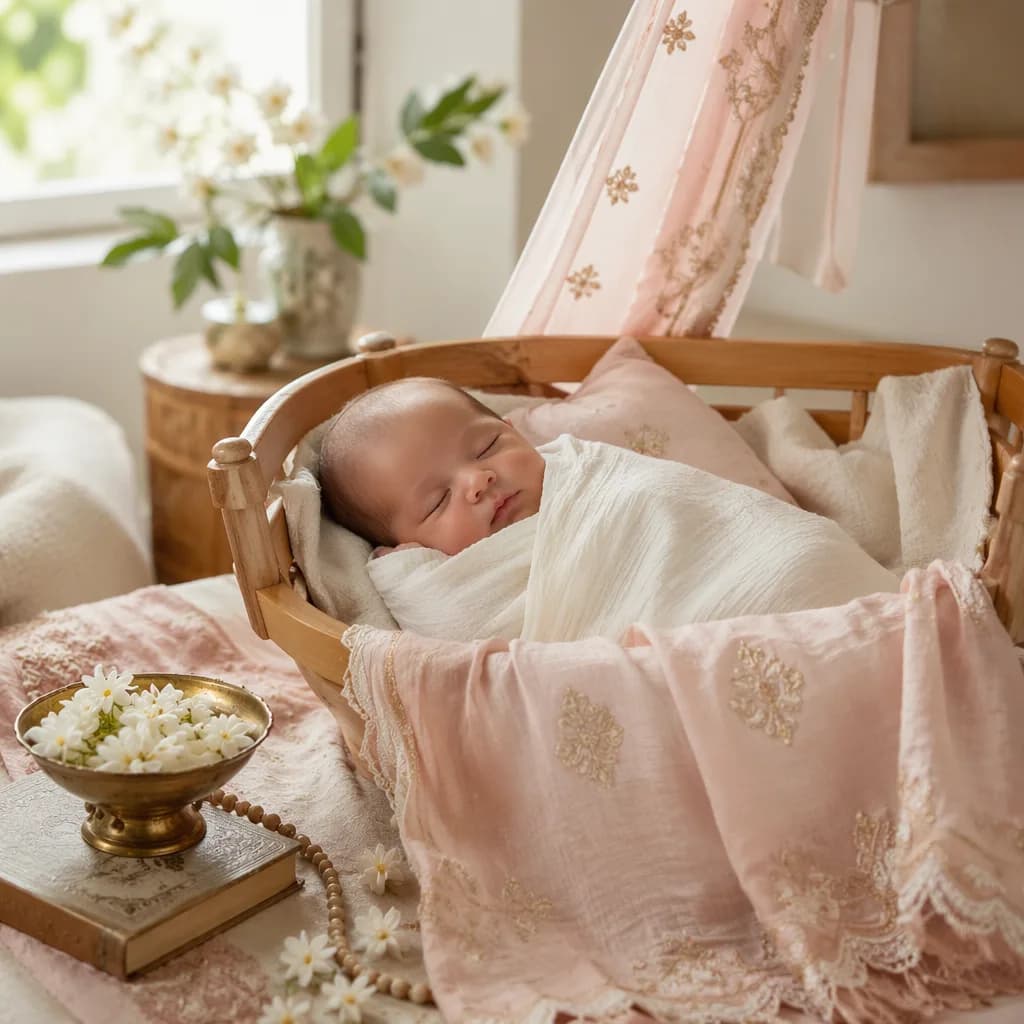 Soft pastel nursery with a sleeping newborn, jasmine flowers, and South Asian-inspired textiles.