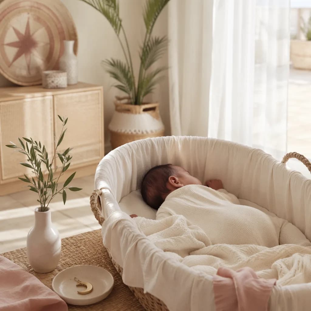 Soft pastel Swahili-inspired nursery with a peacefully sleeping baby in gentle natural light.
