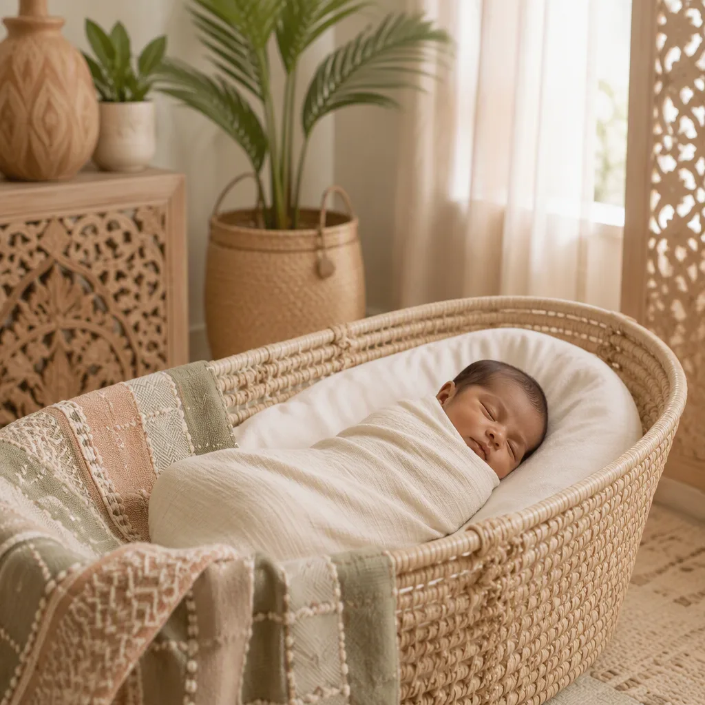 Peaceful newborn in a warm pastel Swahili-inspired nursery