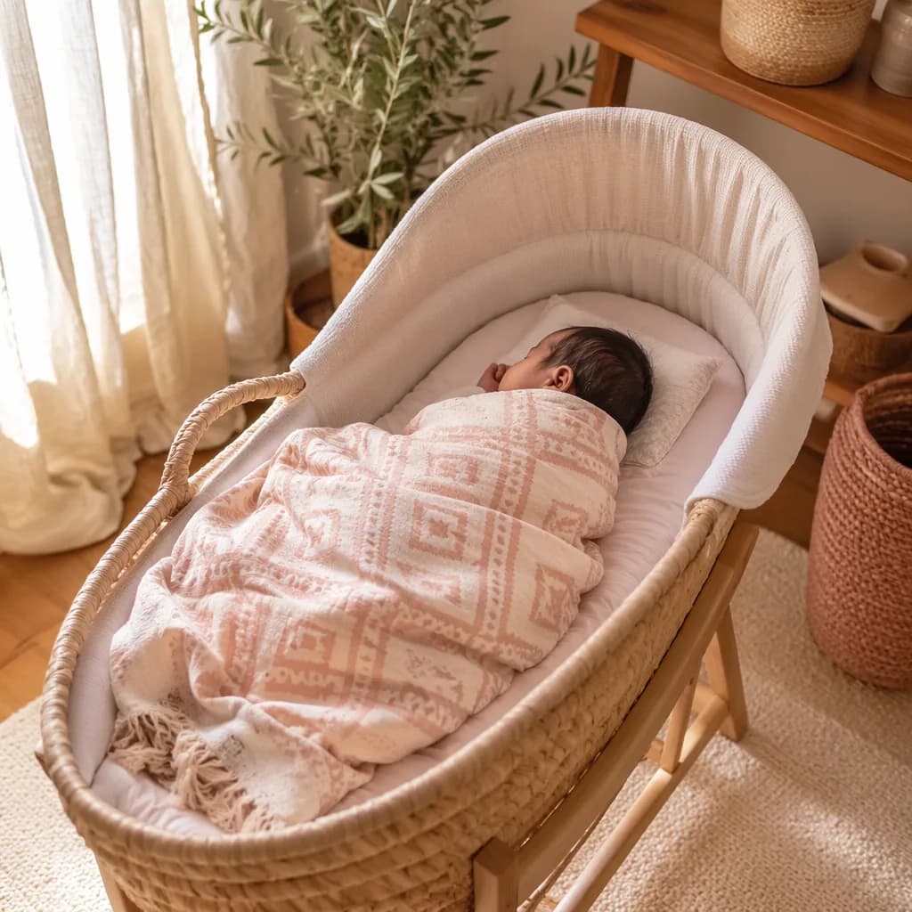 A softly lit nursery with a newborn sleeping in a woven bassinet wrapped in pastel fabric.