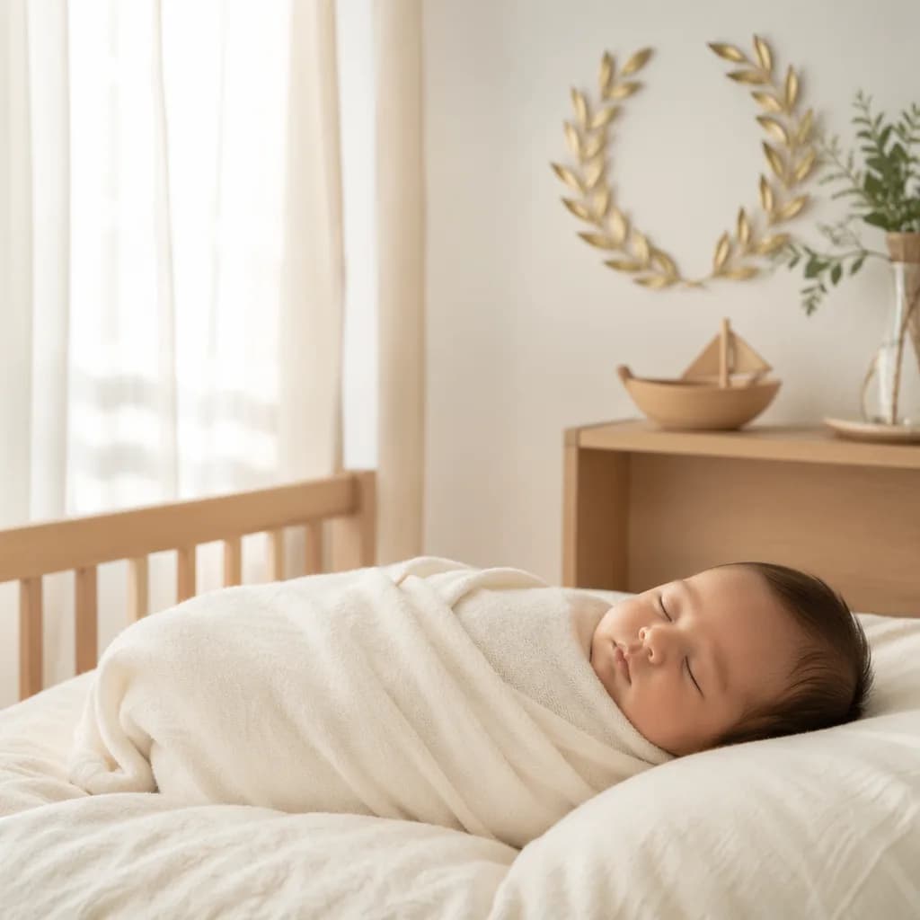 Sleeping Vietnamese baby in a soft pastel nursery with gentle victory and homecoming symbols