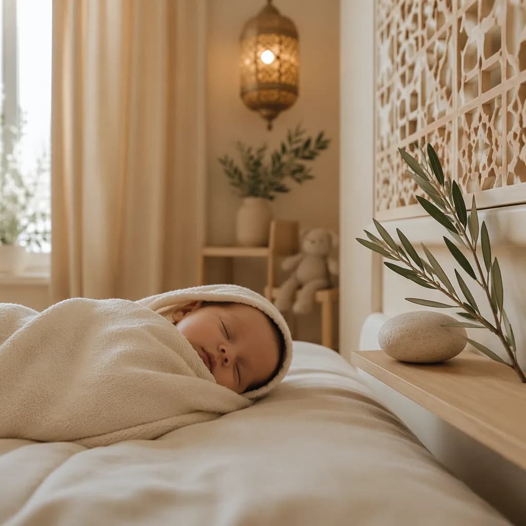 A softly lit cozy nursery with a swaddled baby, olive branch, and smooth white stone.