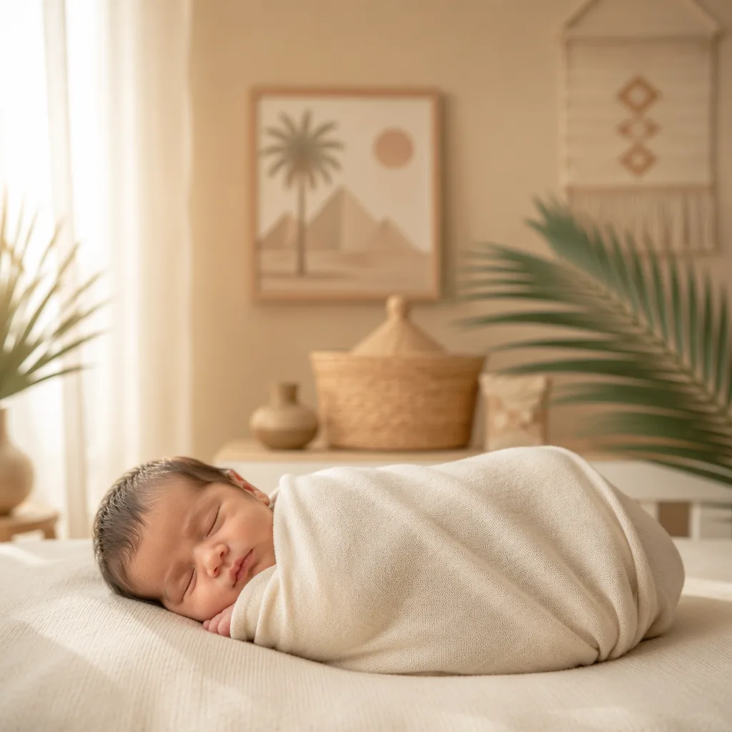 Sleeping swaddled baby in a warm pastel Arabic-inspired nursery with soft natural light.