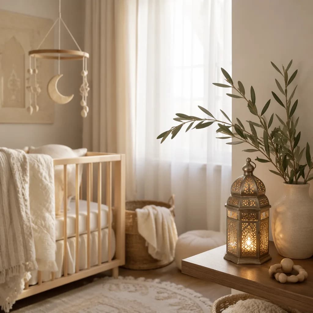 Soft pastel Arabic-inspired nursery with a crescent mobile, olive branch, and warm lantern.