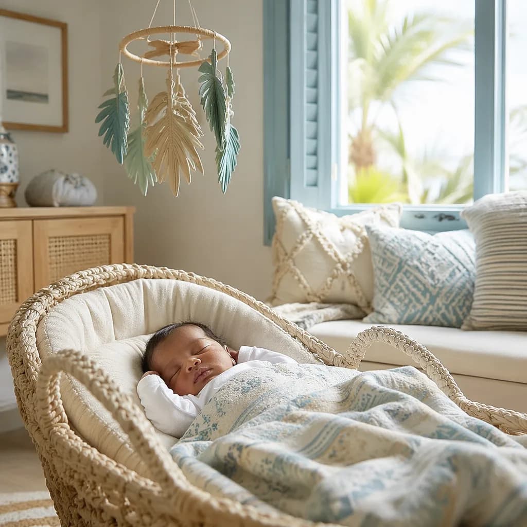 Peaceful newborn in a soft Swahili Coast-inspired nursery with woven textures and pastel light.