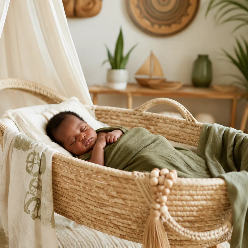 Sleeping baby in a softly lit Swahili-inspired nursery with warm pastel decor