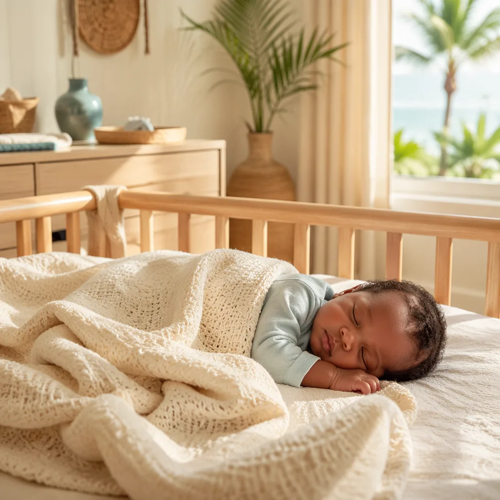 Peaceful newborn in a soft Swahili-inspired nursery with warm natural light.