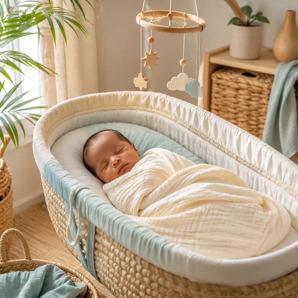 A peaceful newborn in a soft pastel nursery with woven Swahili-inspired decor and gentle natural light.