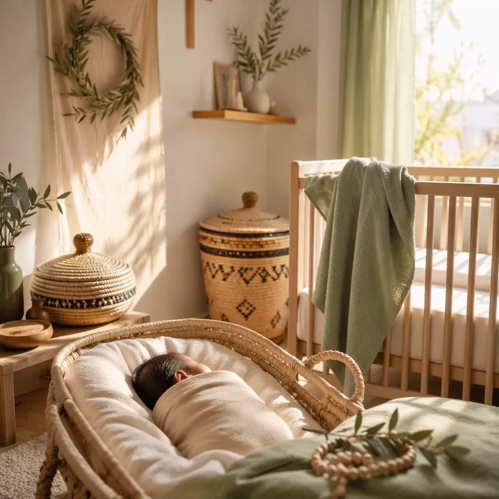 A serene pastel nursery with a swaddled baby, woven decor, and soft morning light.