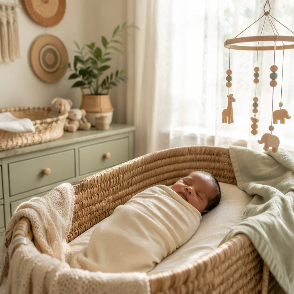 A peaceful newborn in a woven bassinet in a softly lit pastel nursery.