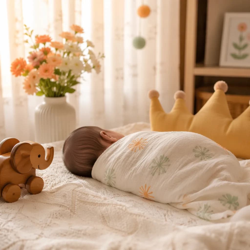 A softly lit Hindi-inspired nursery with a swaddled sleeping newborn and gentle royal-themed accents.