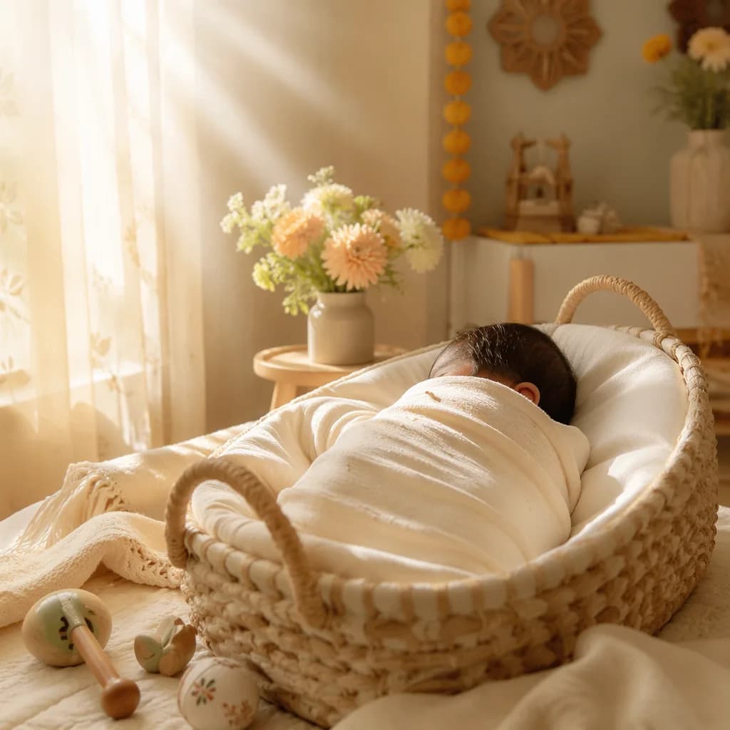 A peaceful swaddled baby in a warm pastel nursery with gentle golden sunlight.