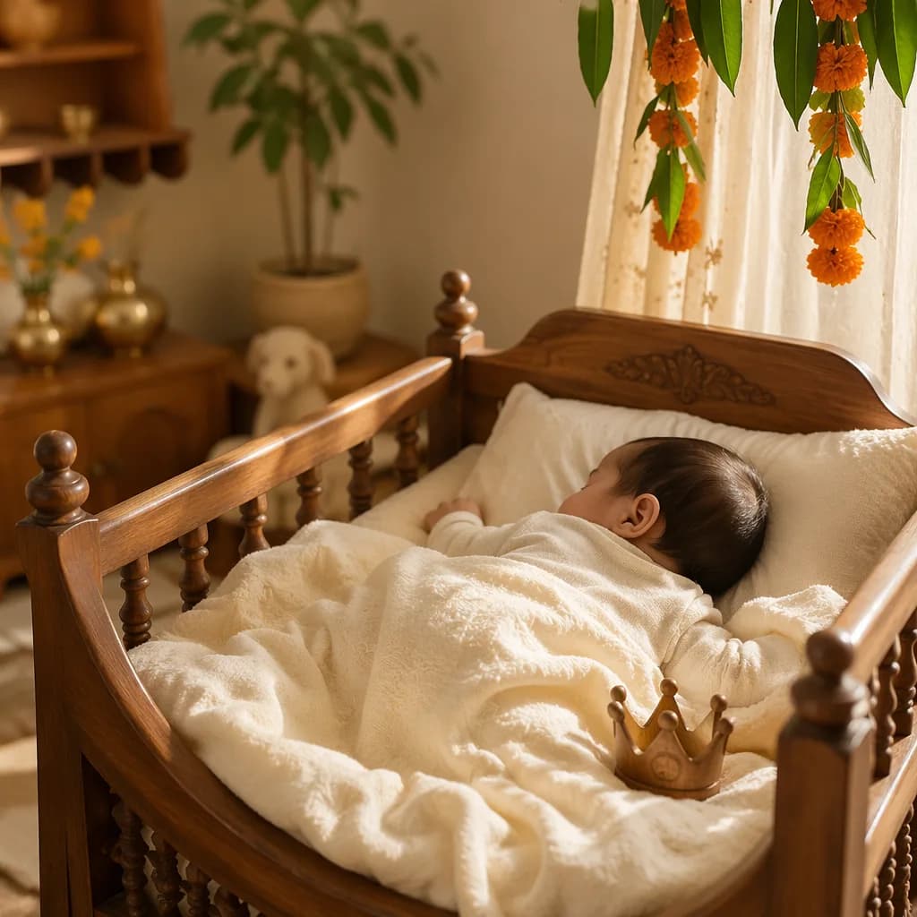 A cozy pastel Indian-inspired nursery with a peacefully sleeping baby and gentle golden decor.